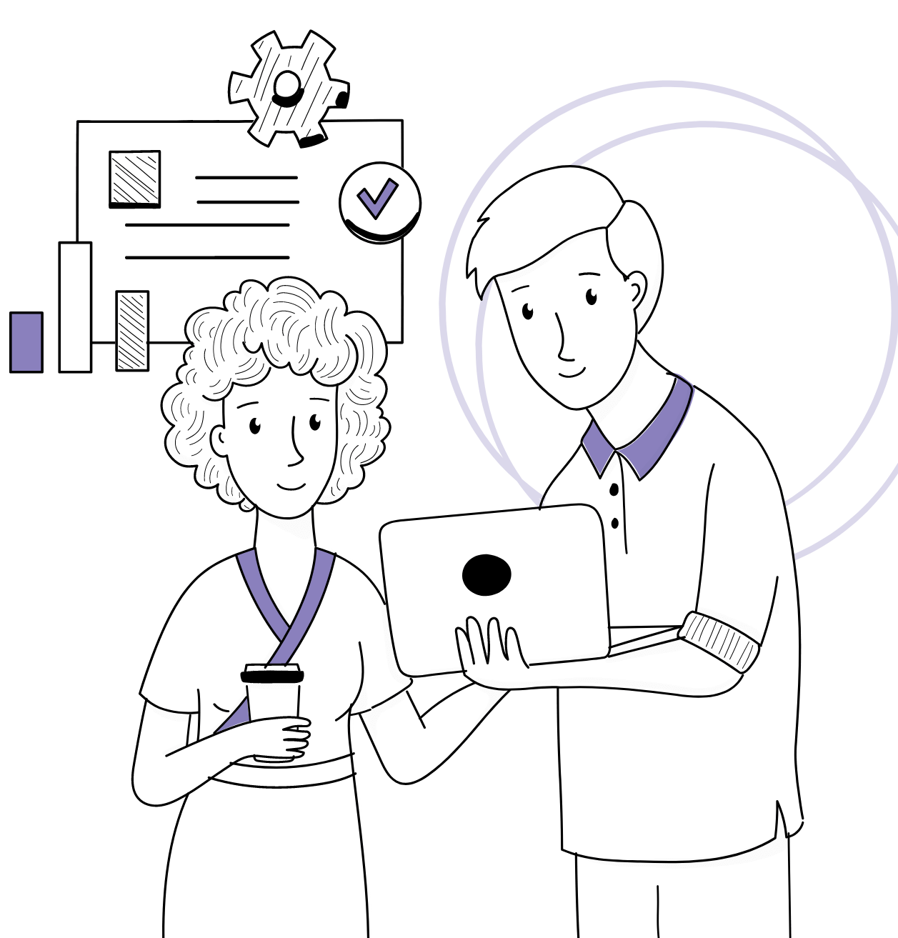 An illustration of a man and woman looking at a laptop with some graphs behind them